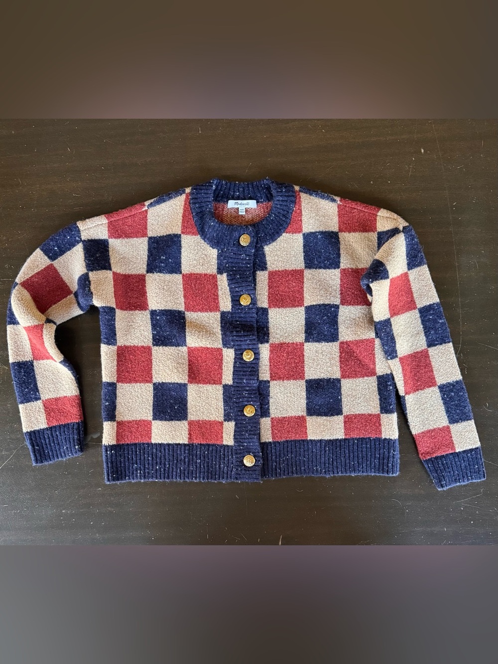 Madewell Red, Navy & Cream Checker Cardigan